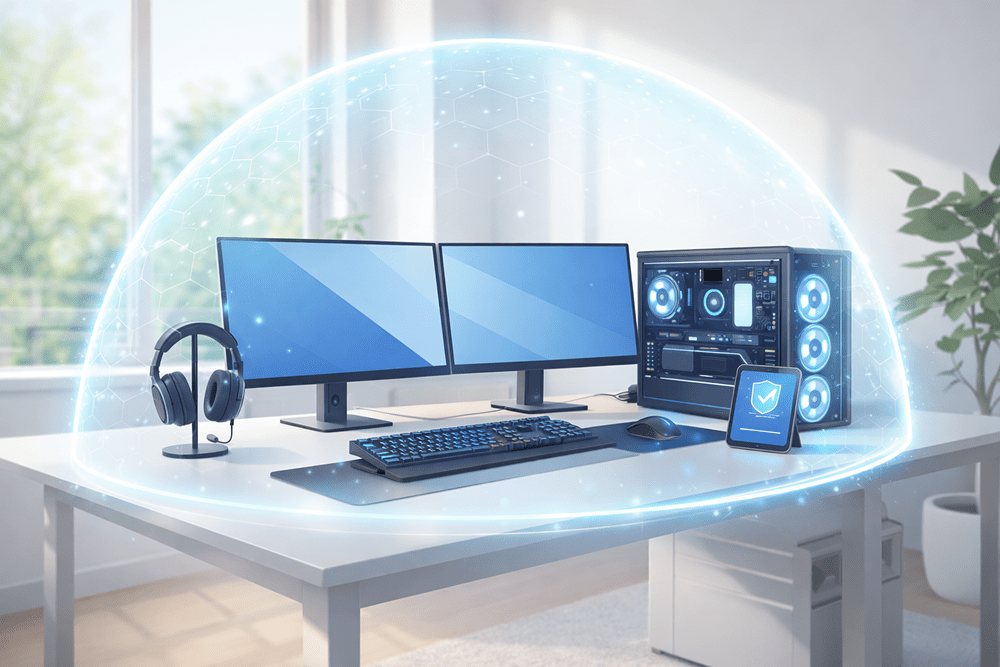 Desk with gaming computer, mechanical keyboard, multiple screens, headphones hanging, and a tablet. The items are surrounded by a glow signifying Home Insurance protecting the electronics.