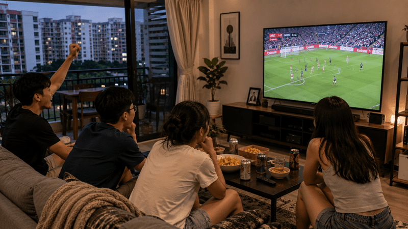 group of friends watching Premier League football in Singapore, streaming on TV