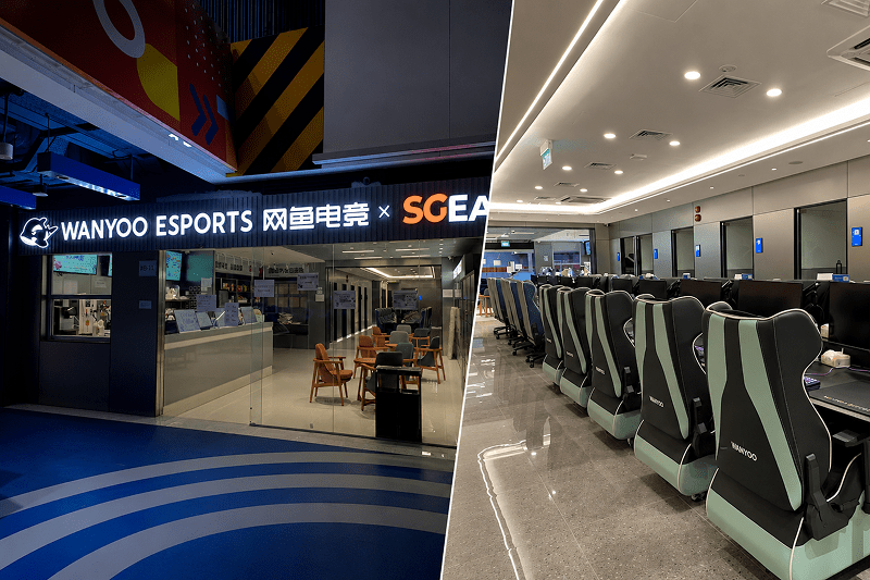 image showing front door of Wanyoo Esports, as well as interior row of comfortable chairs and gaming PCs