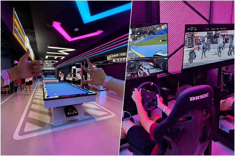 combined image showing pool table in neon lit gaming room, and close up of person gaming on PC computer in ME cafe & games