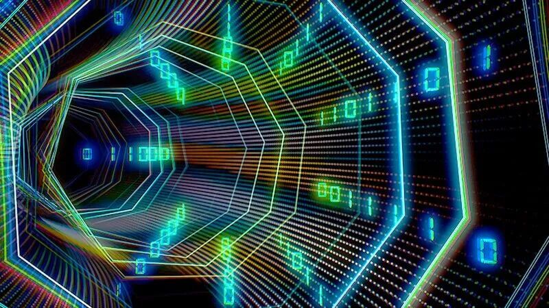 Network with tiny bits of data flowing to represent latency and bandwidth for your broadband