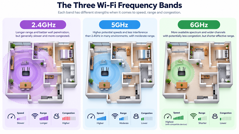 image shows a comparison between 3 Wi-Fi bands and which provide better speed, range, and congestion