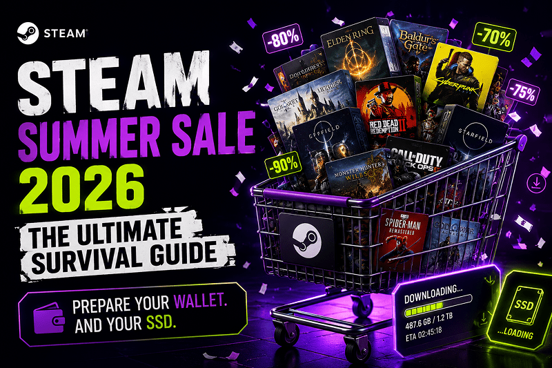 Image shows text: Steam Summer Sale 2026 together with shopping cart overflowing with games on discounted prices