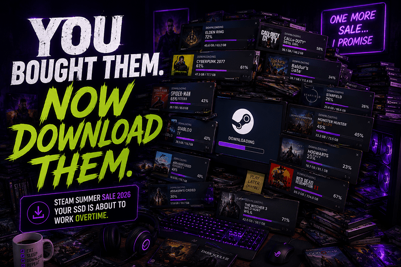 Humorous image of multiple games being downloaded during the Steam Summer Sale 2026. Text in image: You bought them, now download them.