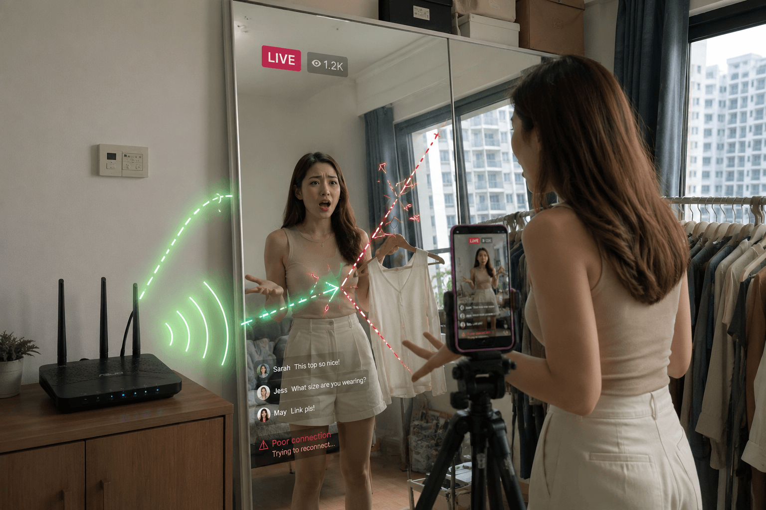 a mirror disrupts a live streaming session as the wi-fi signal is reflected off the mirrors, depicting reasons of why your wi-fi isn&rsquo;t working