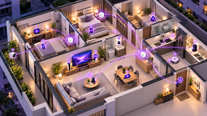 cross section of house showing multiple wi-fi mesh nodes connecting to various IoT items in smart home