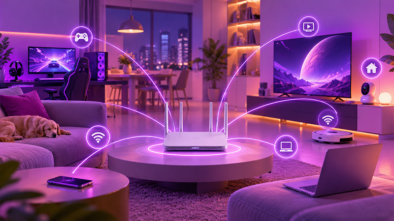 image shows a futuristic home with multiple devices and smart home devices connected to Wi-Fi 8 router