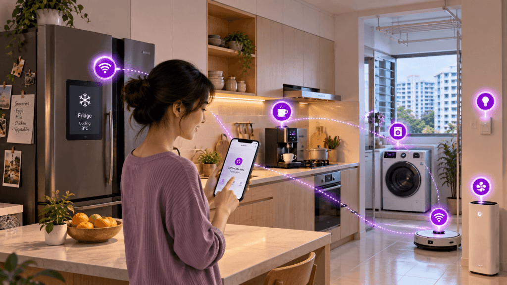 woman in kitchen uses phone to activate various IoT Internet of Things items in her smart home.png