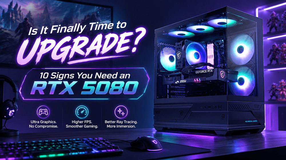 image shows Dreamcore Ghost RTX 5080 with text: Is it time to upgrade? Ultra graphics, Higher FPS, Better ray tracing