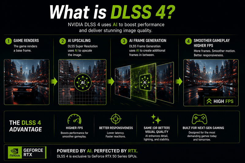 What is DLSS 4? The image shows a visual representation explaining how DLSS 4 uses AI for higher FPS and smoother gaming