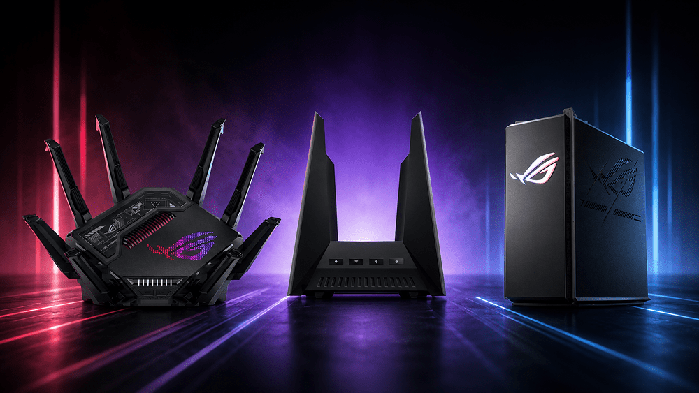 Gaming Routers against colourful background, featuring assortment of asus gaming routers and TP link gaming routers.